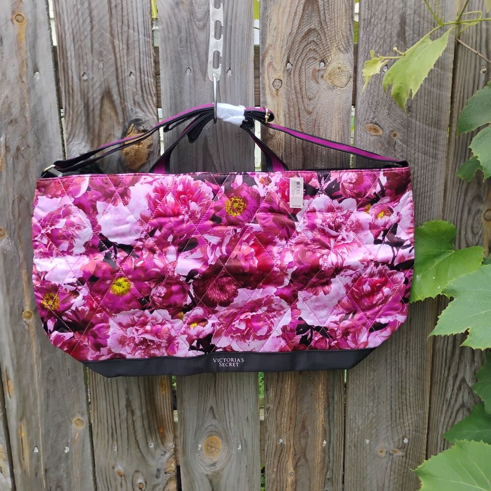 Victoria's Secret Quilted Satin Floral Weekender Tote Gym Bag Pink Peony NWT